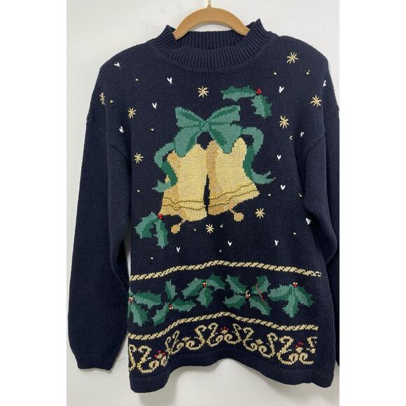 Vtg Panther Ugly Christmas Sweater Black Gold Bows Holiday Holly Medium Green - Picture 3 of 7